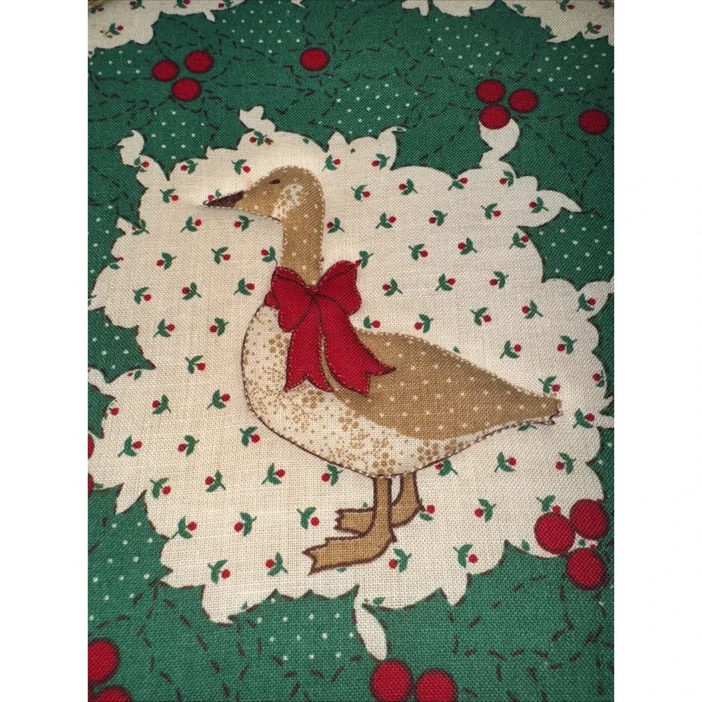 Vtg Handmade Christmas Goose Embroidery Hoop Wall Hanging Lace Trim Grandmacore